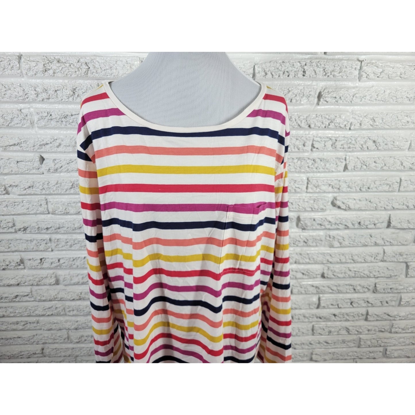 St Johns Bay Womens Top 2X Plus Long Sleeve Red Yellow Stripe Cotton Blend New