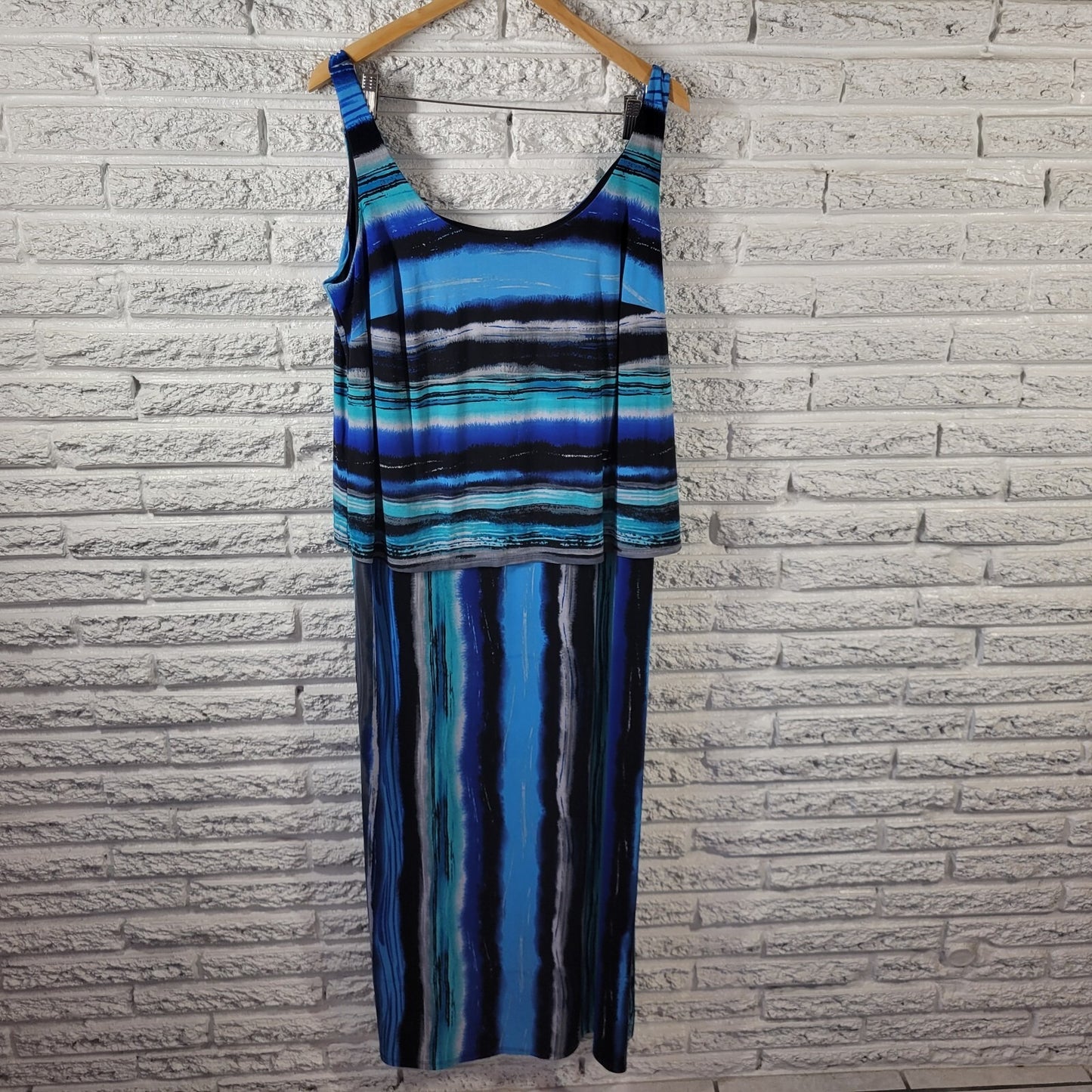 Signature Robbie Bee Womens Dress 1X Plus Tank Midi Sleeveless Blue Watercolor