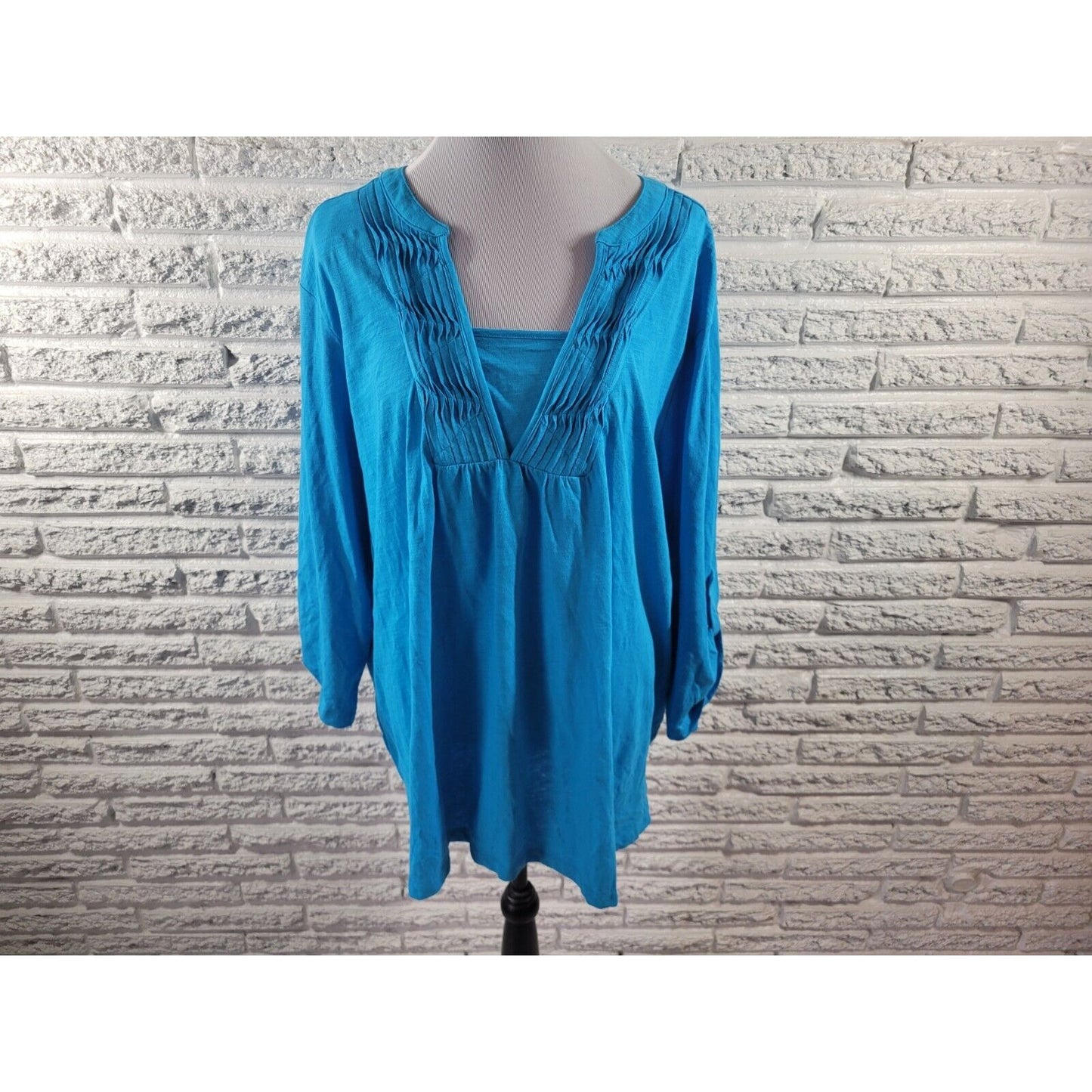 Westbound Women Top 3X Plus Tunic Roll Tab Sleeve Blue Cotton Casual Pintuck New