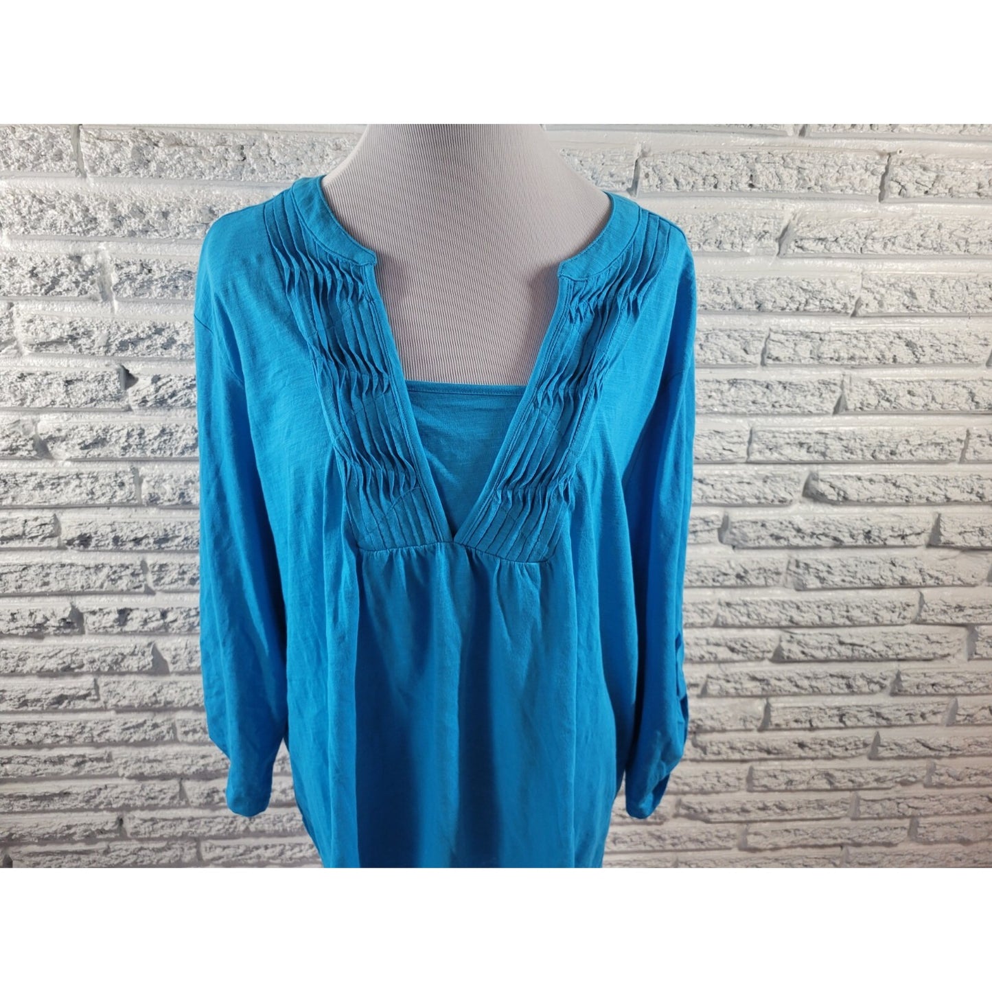 Westbound Women Top 3X Plus Tunic Roll Tab Sleeve Blue Cotton Casual Pintuck New