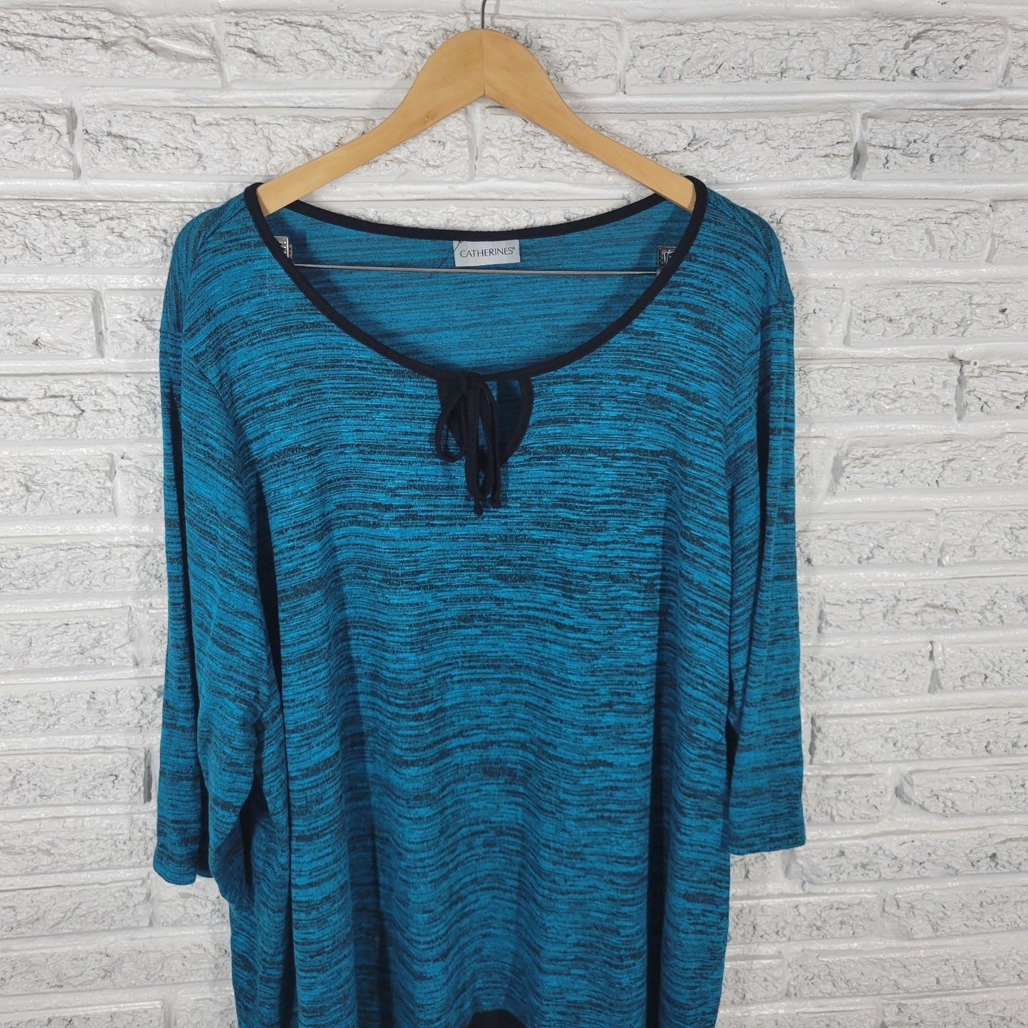 Catherines Womens Top 3X Plus Tunic 3/4 Sleeve Blue Heather Keyhole Chiffon Hem