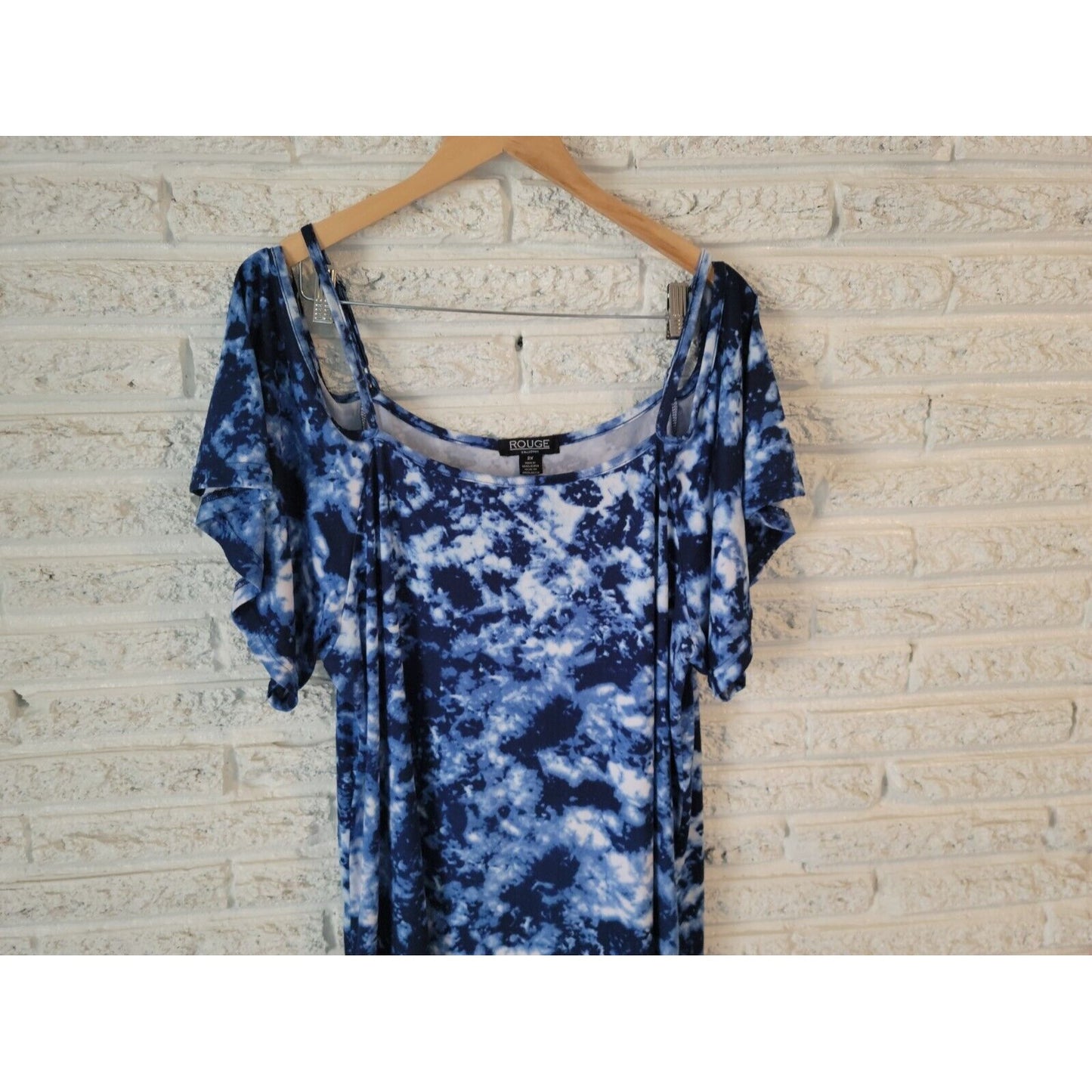 Rouge Collection Women Dress 2X Short Mini Blue Tie Dye Spaghetti Cold Shoulder