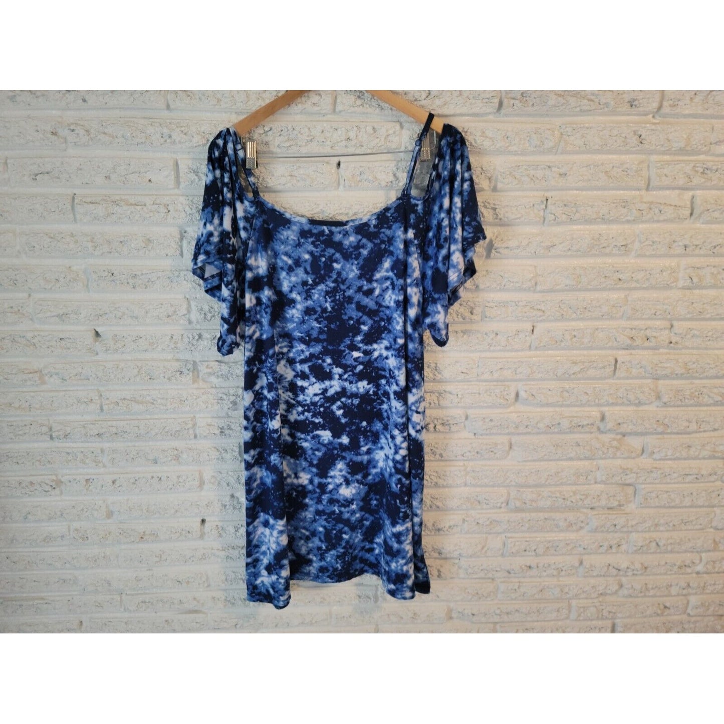 Rouge Collection Women Dress 2X Short Mini Blue Tie Dye Spaghetti Cold Shoulder