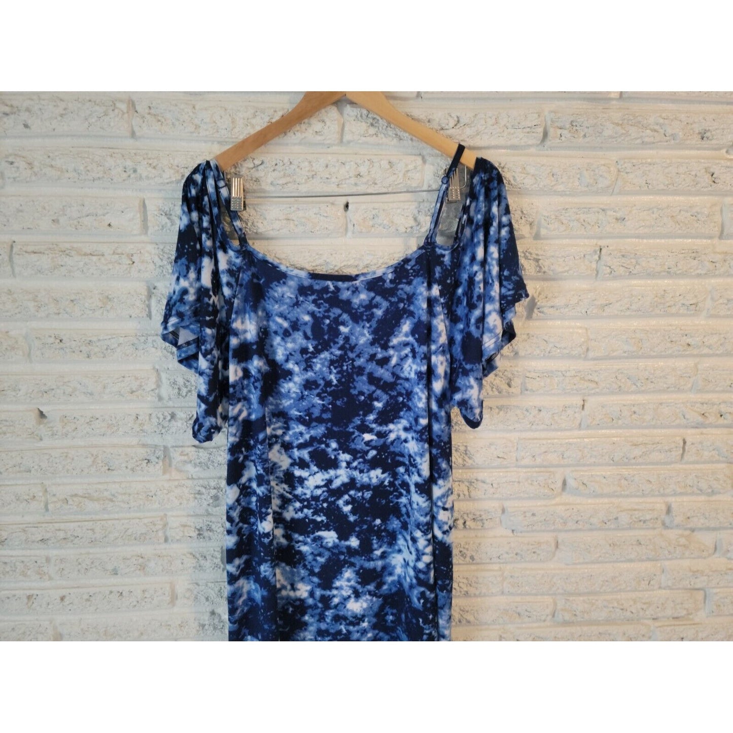 Rouge Collection Women Dress 2X Short Mini Blue Tie Dye Spaghetti Cold Shoulder