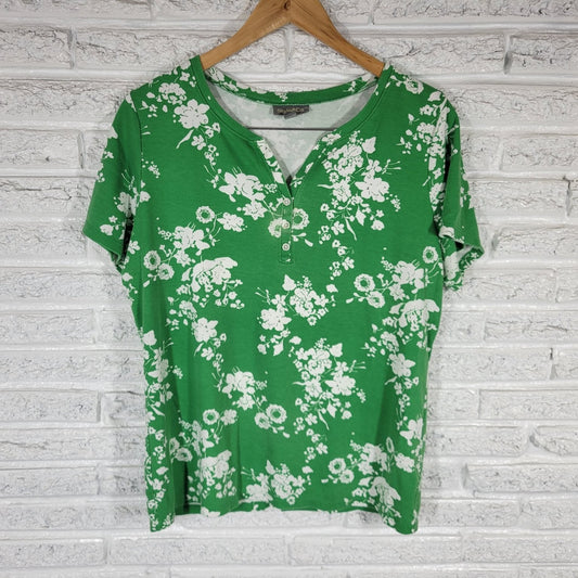 Style&Co Womens Tee Short Sleeve Green Floral Henley Top XL Cotton Blend Comfy