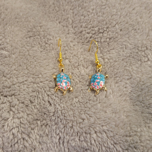 Turtle #1 Womens Earrings One Pair Zinc Alloy Blue Pink Hanging Dangle Gold Tone