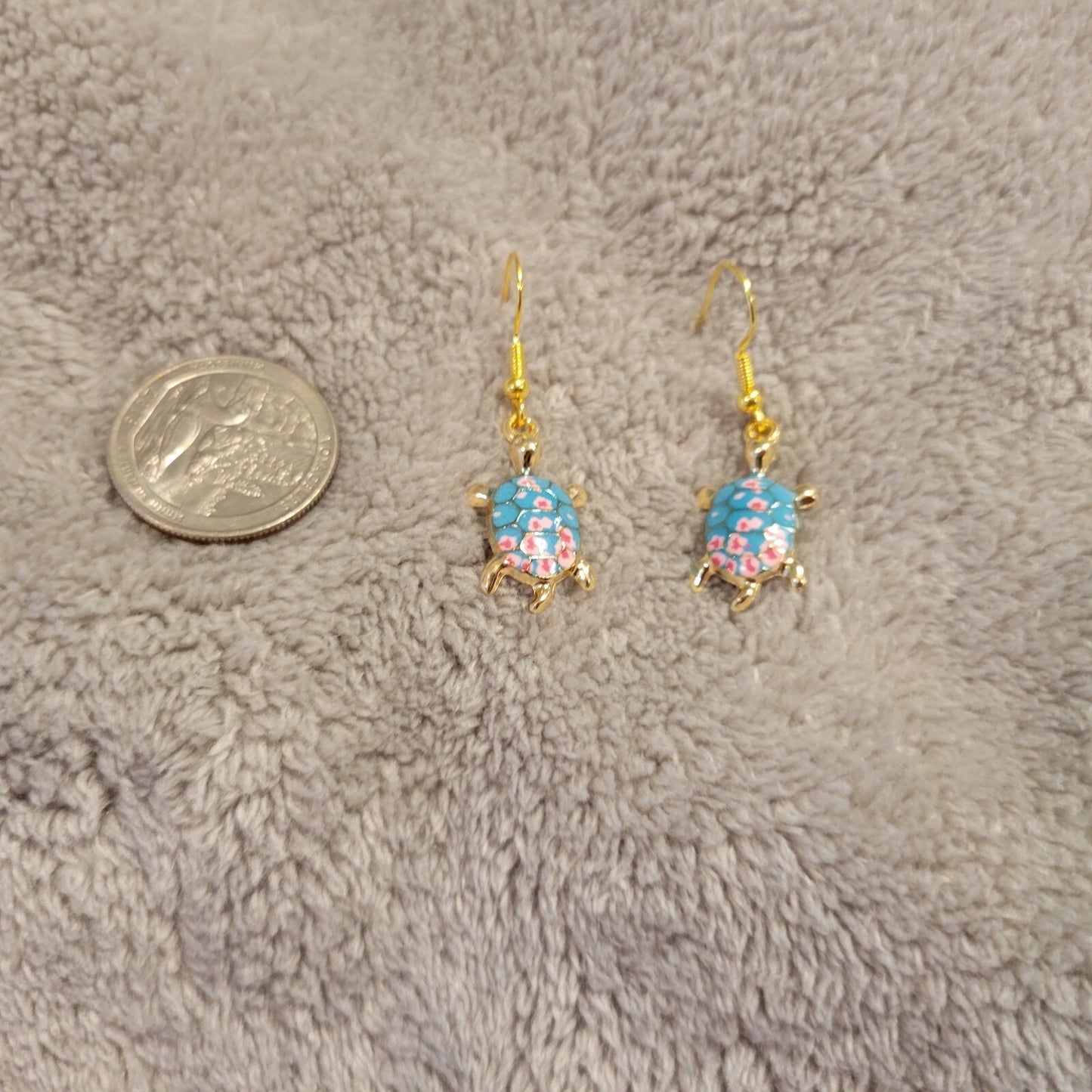 Turtle #1 Womens Earrings One Pair Zinc Alloy Blue Pink Hanging Dangle Gold Tone