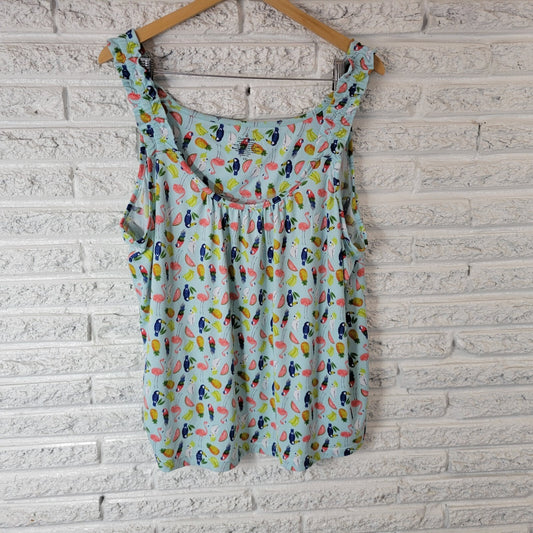 Cuddl Duds Womens Pajama Top XXL Plus Tank Toucan Flamingo Cockatoo Birds Blue