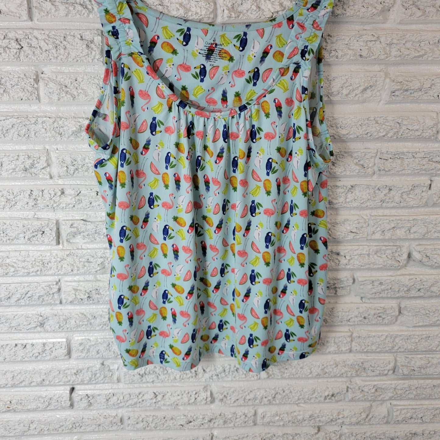 Cuddl Duds Womens Pajama Top XXL Plus Tank Toucan Flamingo Cockatoo Birds Blue