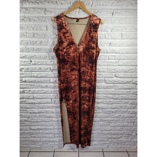 Shein Curve Womens Dress 2XL Plus Maxi Sleeveless Shift Shiny Brown Watercolor