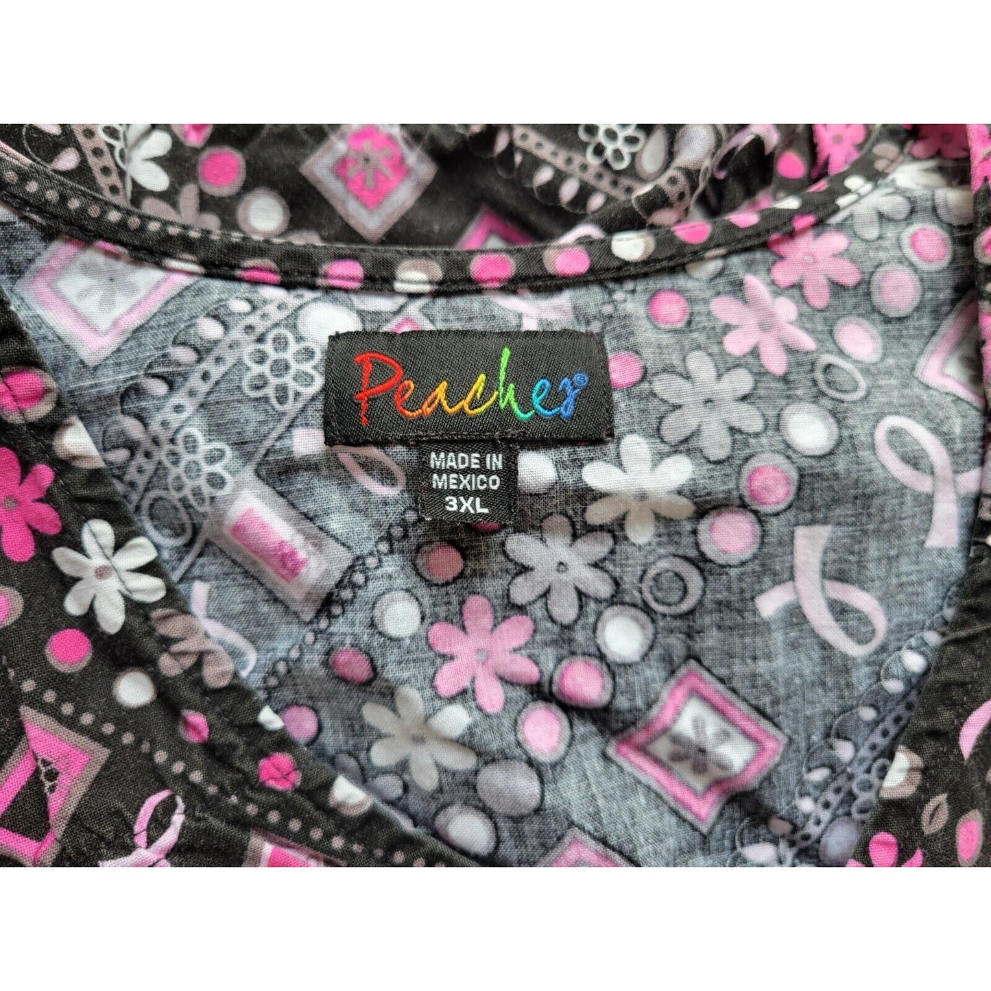 Peaches Scrub Top 3XL Short Sleeve Breast Cancer Awareness Ribbon Pockets Pink
