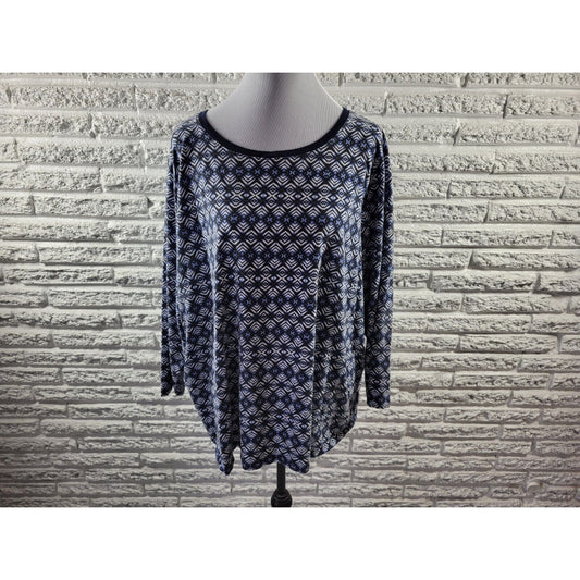 Roamans Womens Top 2X Plus Tunic 3/4 Sleeve Blue Geometric Pullover Cotton