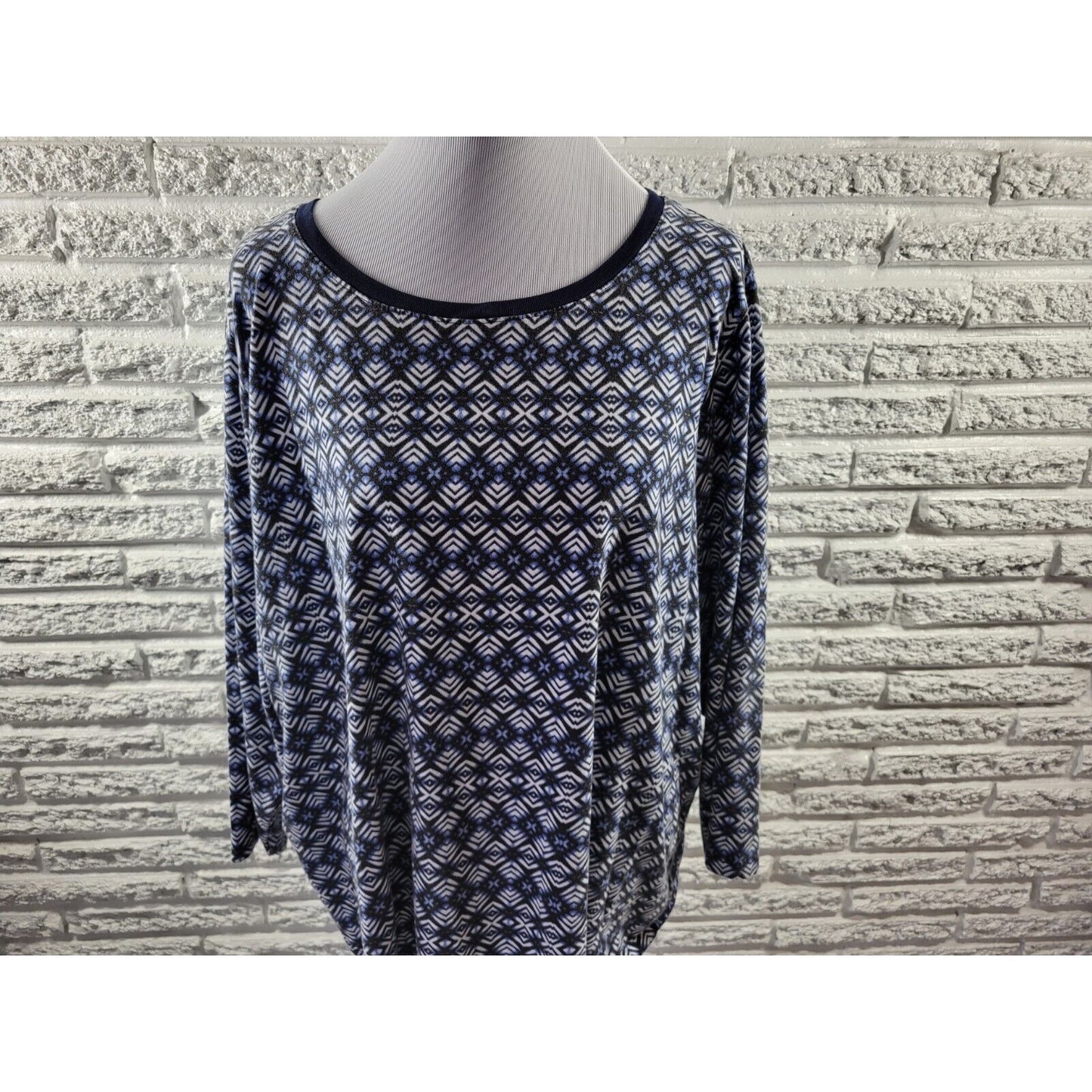 Roamans Womens Top 2X Plus Tunic 3/4 Sleeve Blue Geometric Pullover Cotton