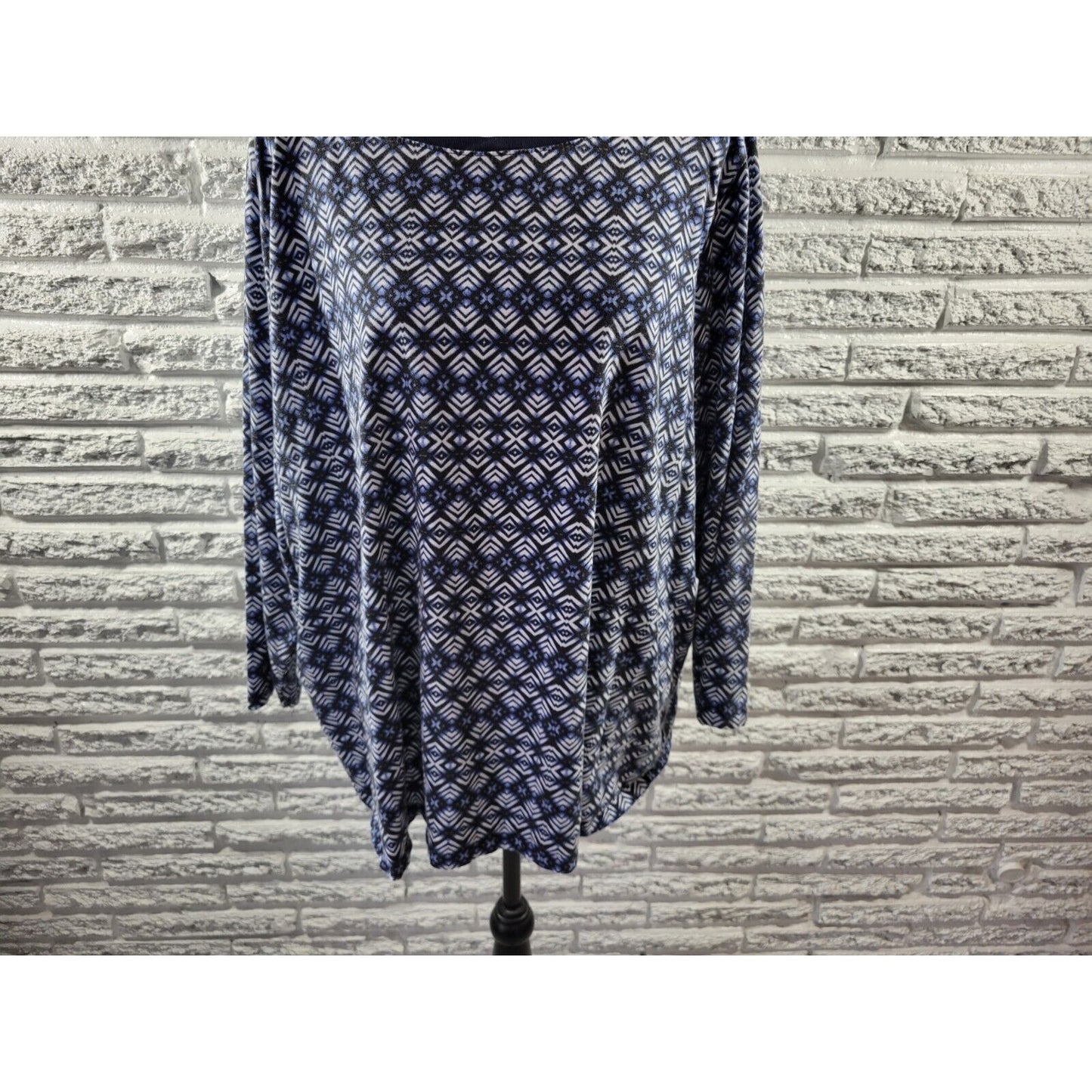 Roamans Womens Top 2X Plus Tunic 3/4 Sleeve Blue Geometric Pullover Cotton