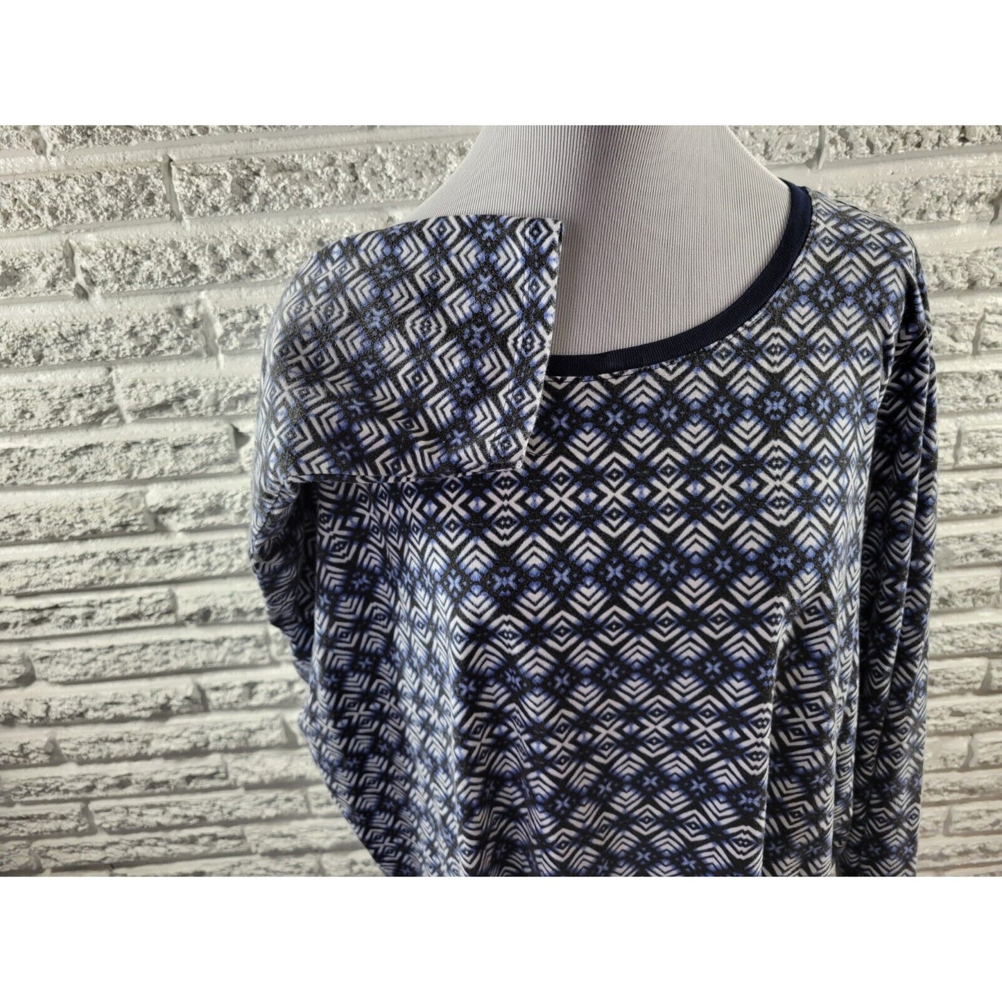 Roamans Womens Top 2X Plus Tunic 3/4 Sleeve Blue Geometric Pullover Cotton