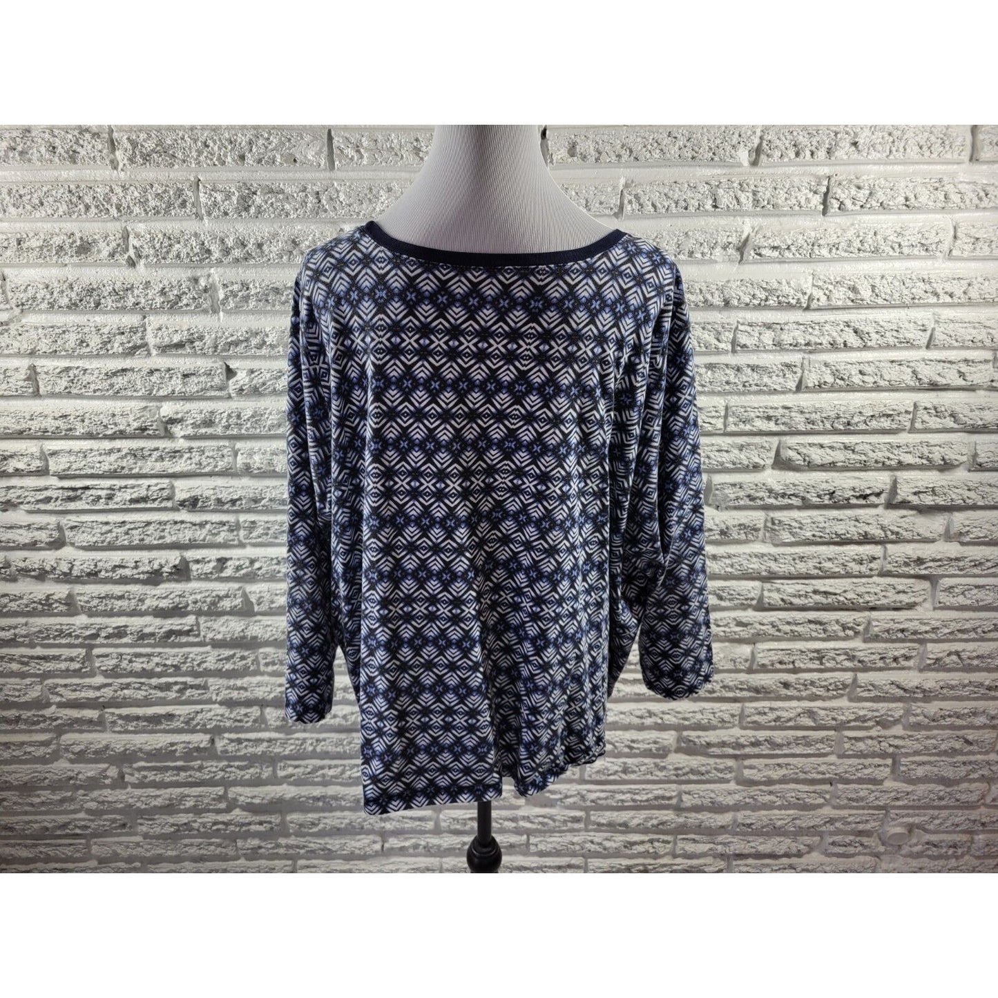 Roamans Womens Top 2X Plus Tunic 3/4 Sleeve Blue Geometric Pullover Cotton