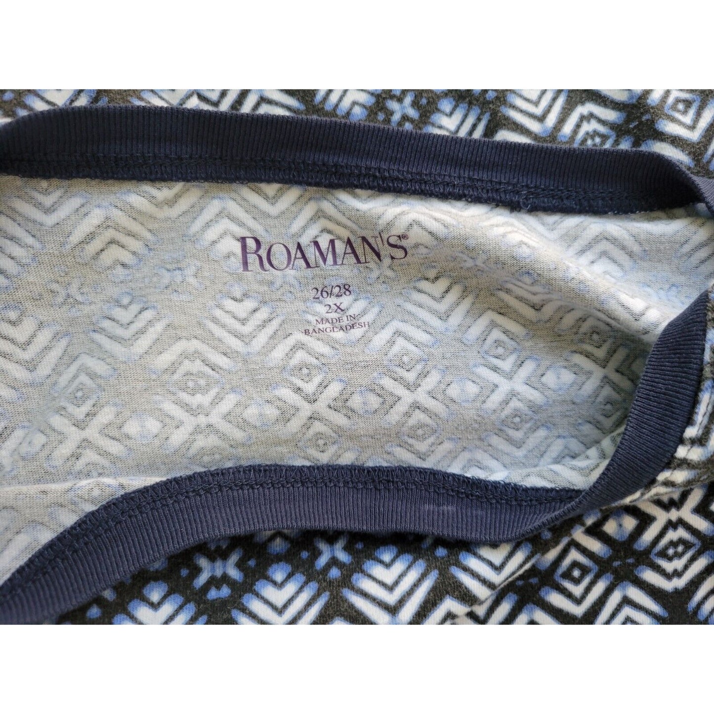 Roamans Womens Top 2X Plus Tunic 3/4 Sleeve Blue Geometric Pullover Cotton