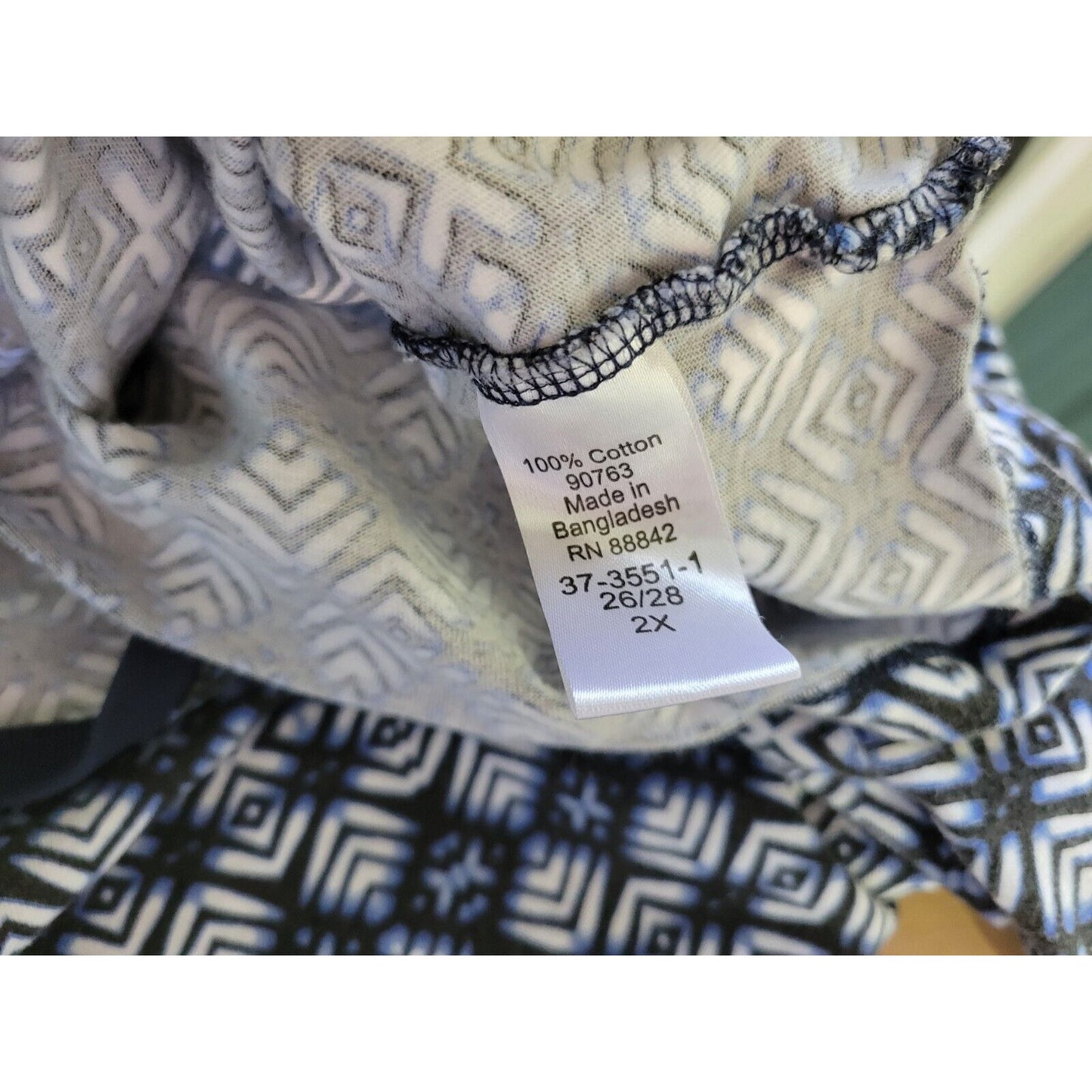 Roamans Womens Top 2X Plus Tunic 3/4 Sleeve Blue Geometric Pullover Cotton