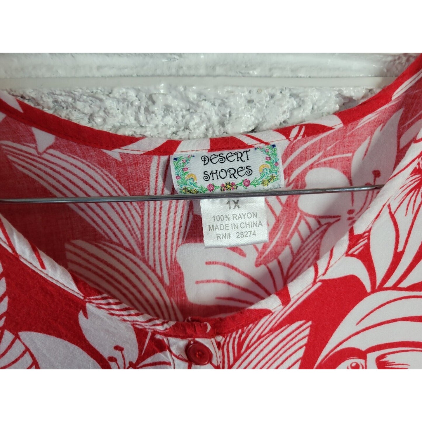 Desert Shores Womens Dress 1X Plus Mini Short Sleeve Red Floral Quarter Button