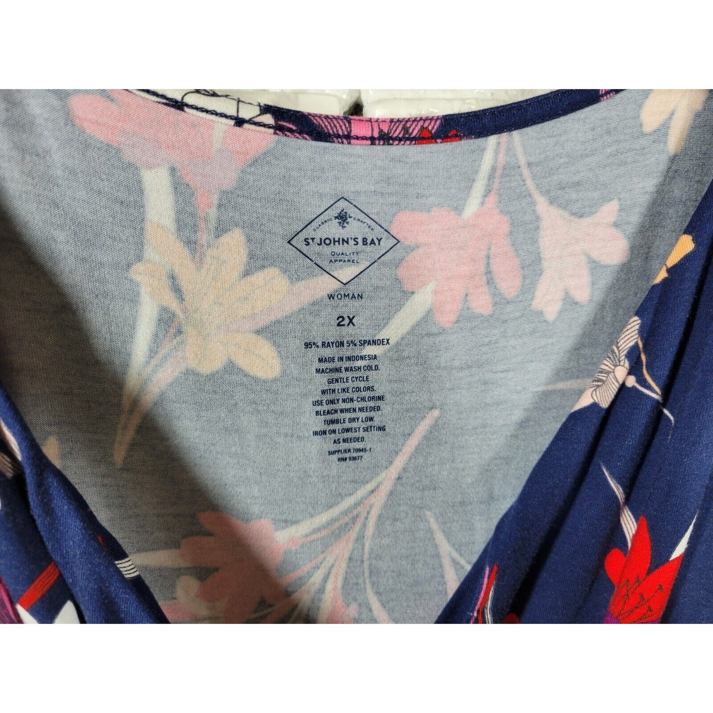 St Johns Bay Womens Dress 2X Sleeveless Shift Blue Floral Career Casual Stretchy