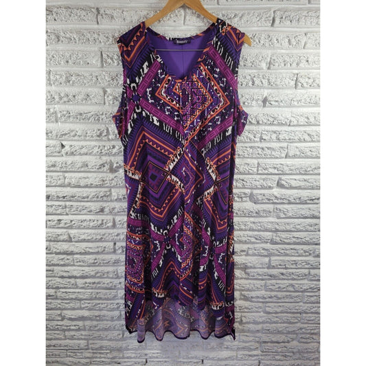 Roamans Women Dress 22W Plus Sleeveless Midi Purple Geometric Asymmetric Lined