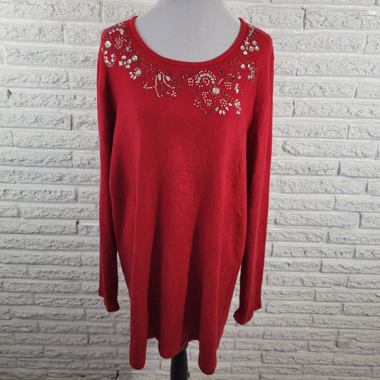 Liz Me Womens Sweater 2X Plus Tunic Red Holiday Beaded Rhinestones Soft Office