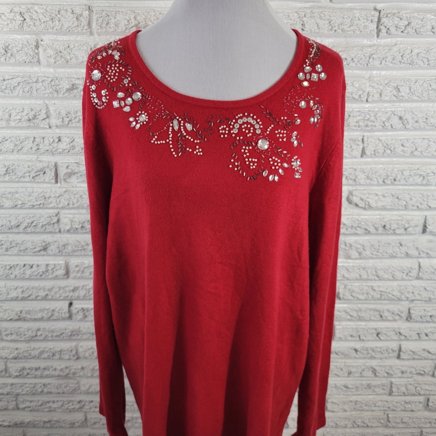 Liz Me Womens Sweater 2X Plus Tunic Red Holiday Beaded Rhinestones Soft Office