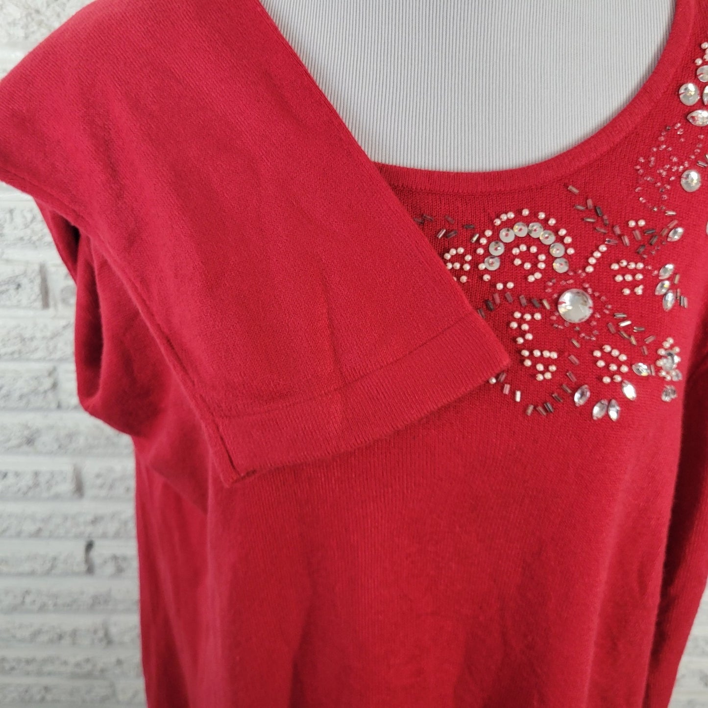 Liz Me Womens Sweater 2X Plus Tunic Red Holiday Beaded Rhinestones Soft Office
