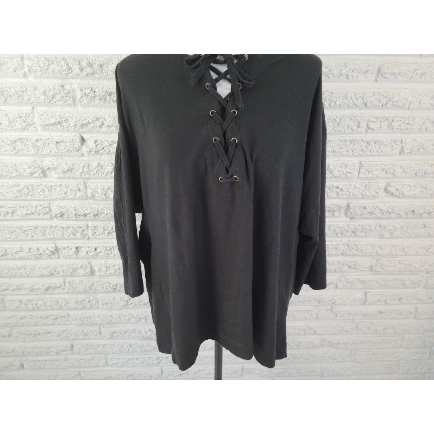 Woman Within Womens Top 2X 26 28 Plus 3/4 Sleeve Lace Up Black Stretchy Basic