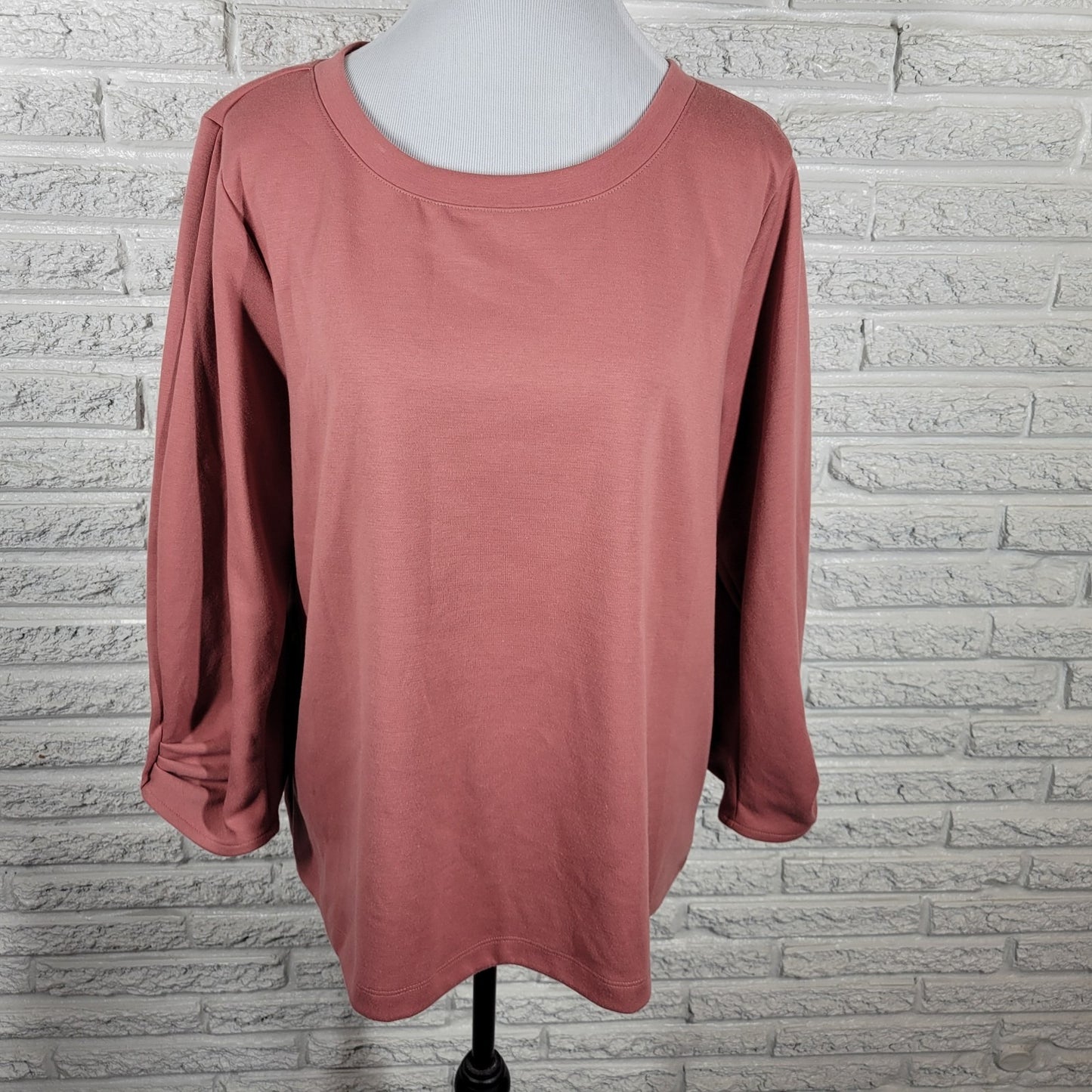 Liz Claiborne Womens Top XL Ruched 3/4 Sleeve Dusty Rose Poly Blend Soft Comfy