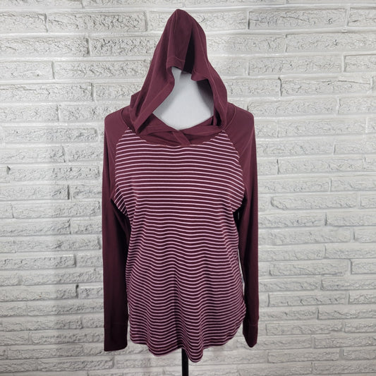 Eddie Bauer Women Top XL Tee Long Sleeve Hoodie Brown Stripe Cotton Blend Casual
