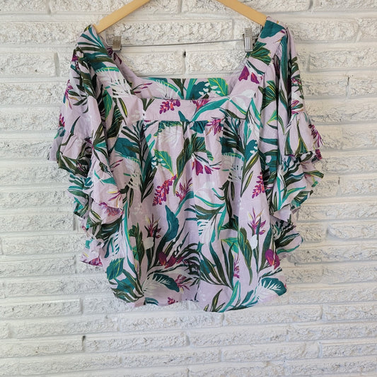 Terra Sky Womens Top 2X Plus Bell Sleeve Green Pink Floral Cotton Lightweight