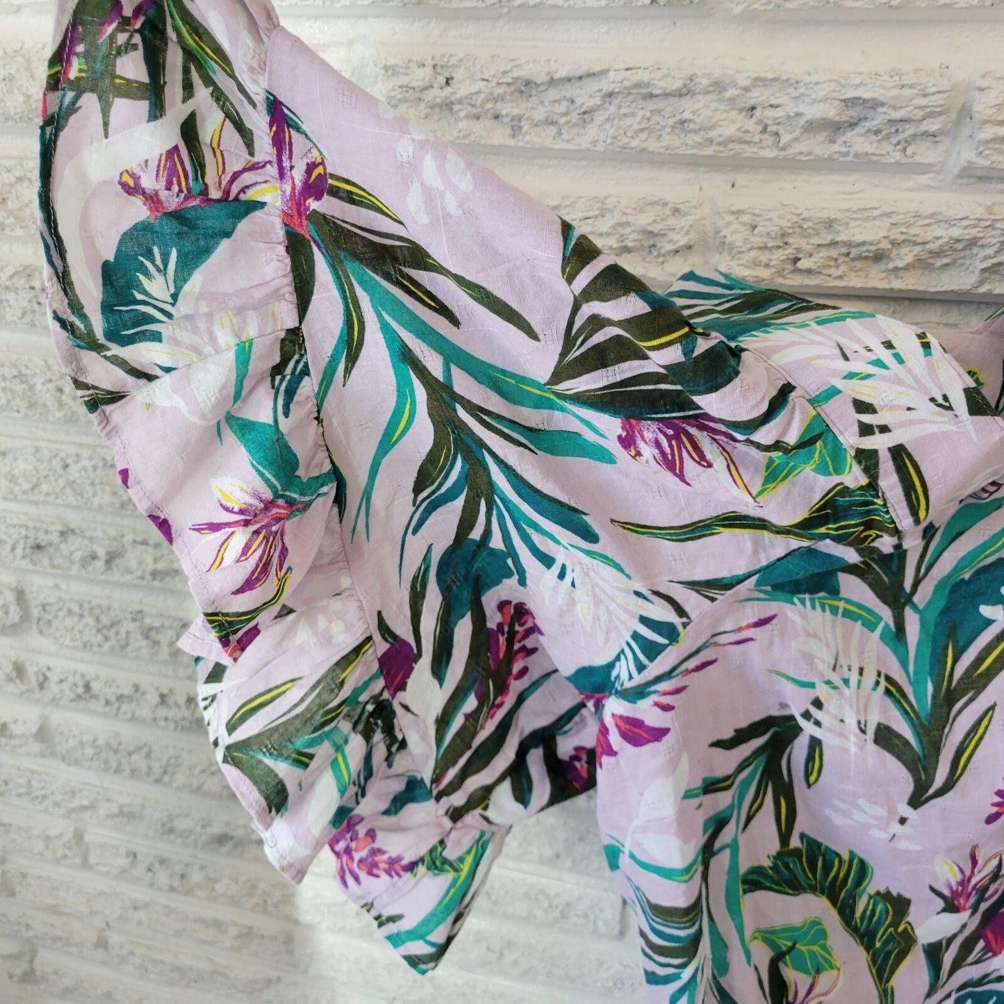 Terra Sky Womens Top 2X Plus Bell Sleeve Green Pink Floral Cotton Lightweight