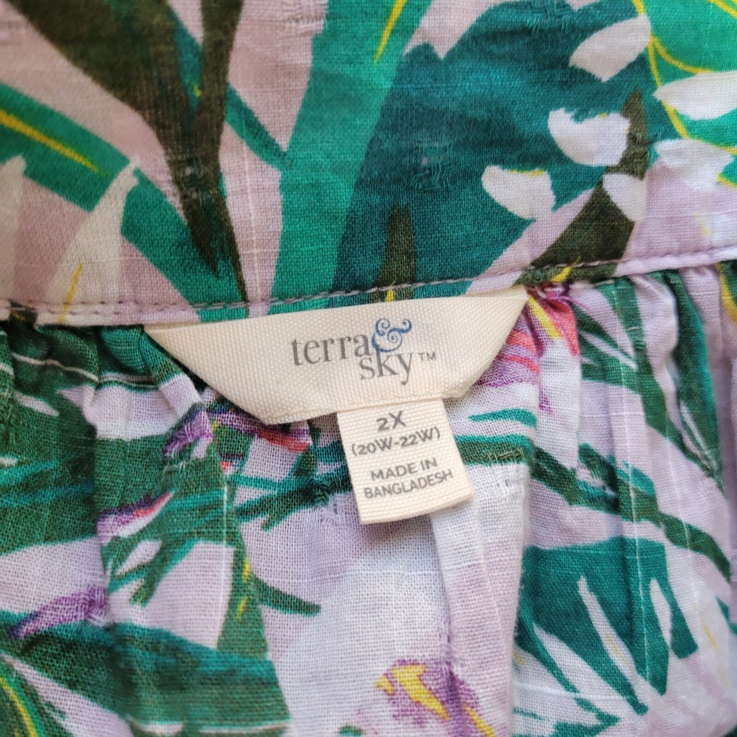 Terra Sky Womens Top 2X Plus Bell Sleeve Green Pink Floral Cotton Lightweight