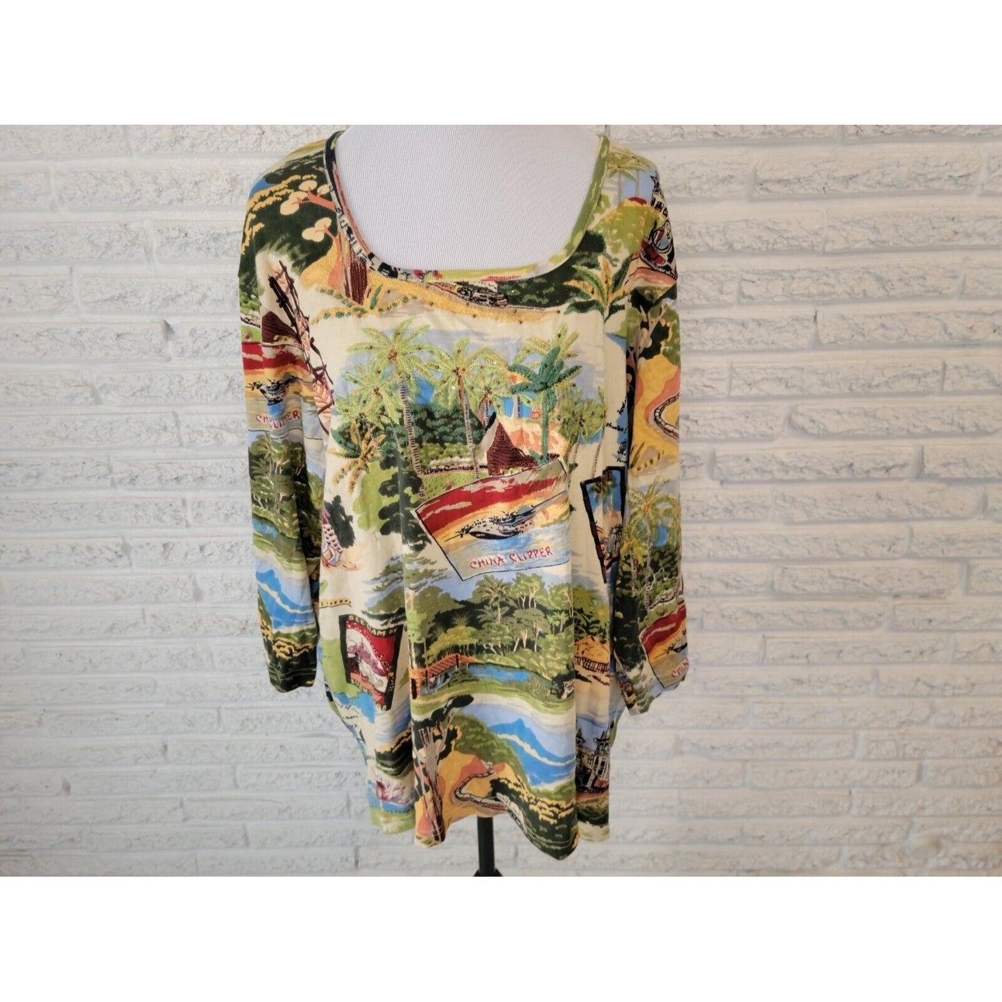 Stonebridge Signature Womens Top 2X Tunic Knit China Townscape Sequins Embroider