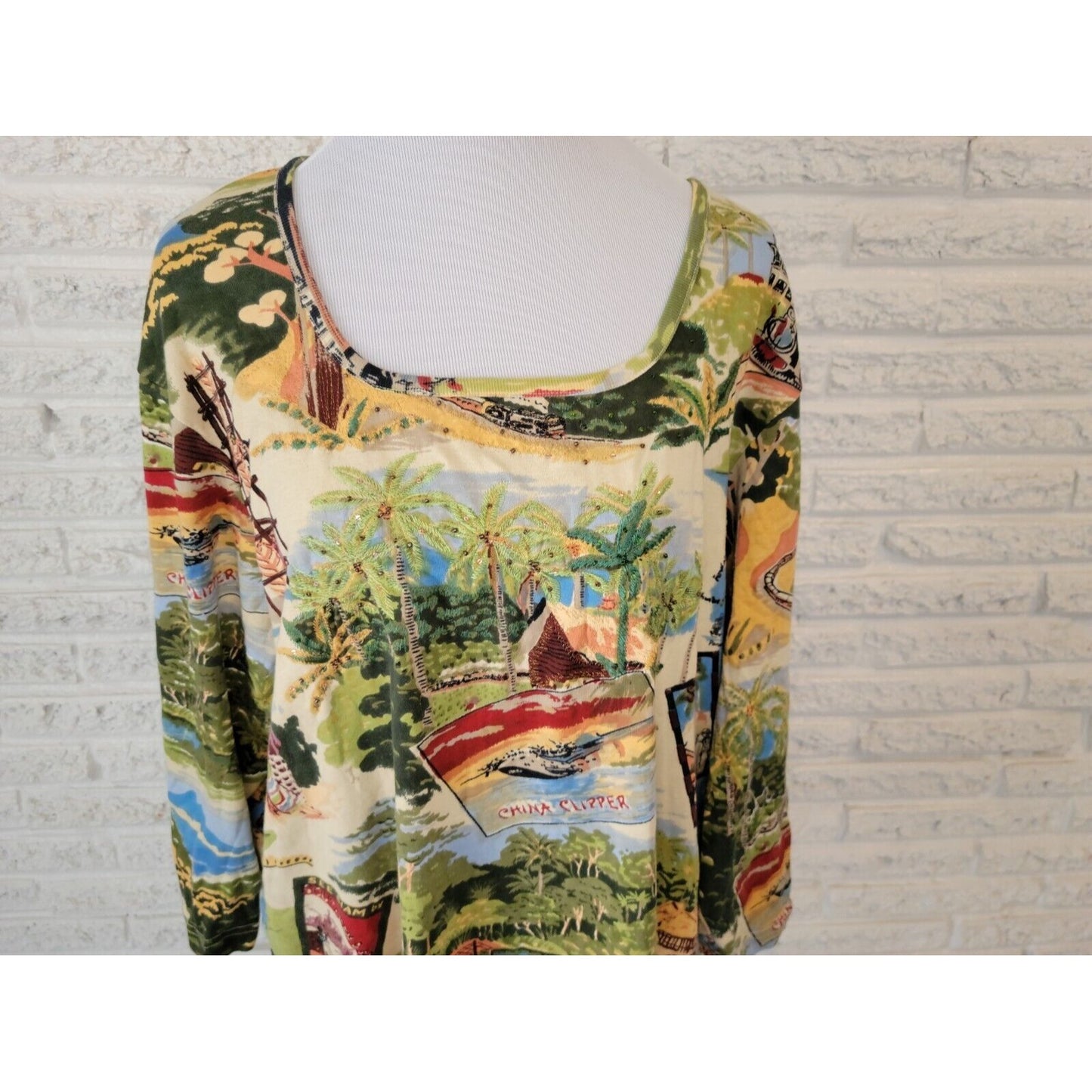 Stonebridge Signature Womens Top 2X Tunic Knit China Townscape Sequins Embroider