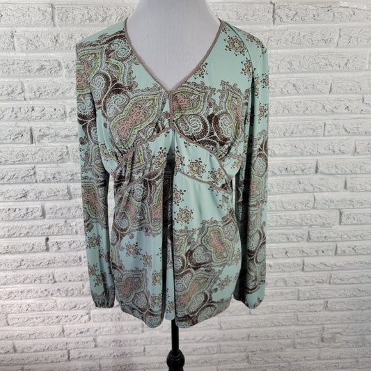 JH Collectibles Women Top Extra Large Corded Long Sleeve Blue Gray Paisley
