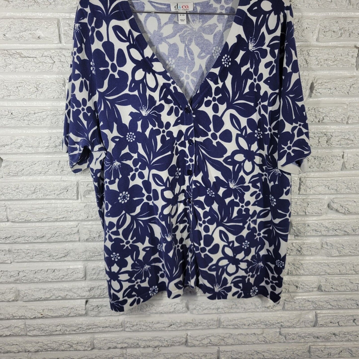 Denim Co Womens Top 3X Short Sleeve Blue White Floral Button Up Cotton Blend