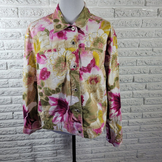 Caribbean Joe Womens Jacket Extra Large XL Blazer Pink Green Floral Cotton Blend