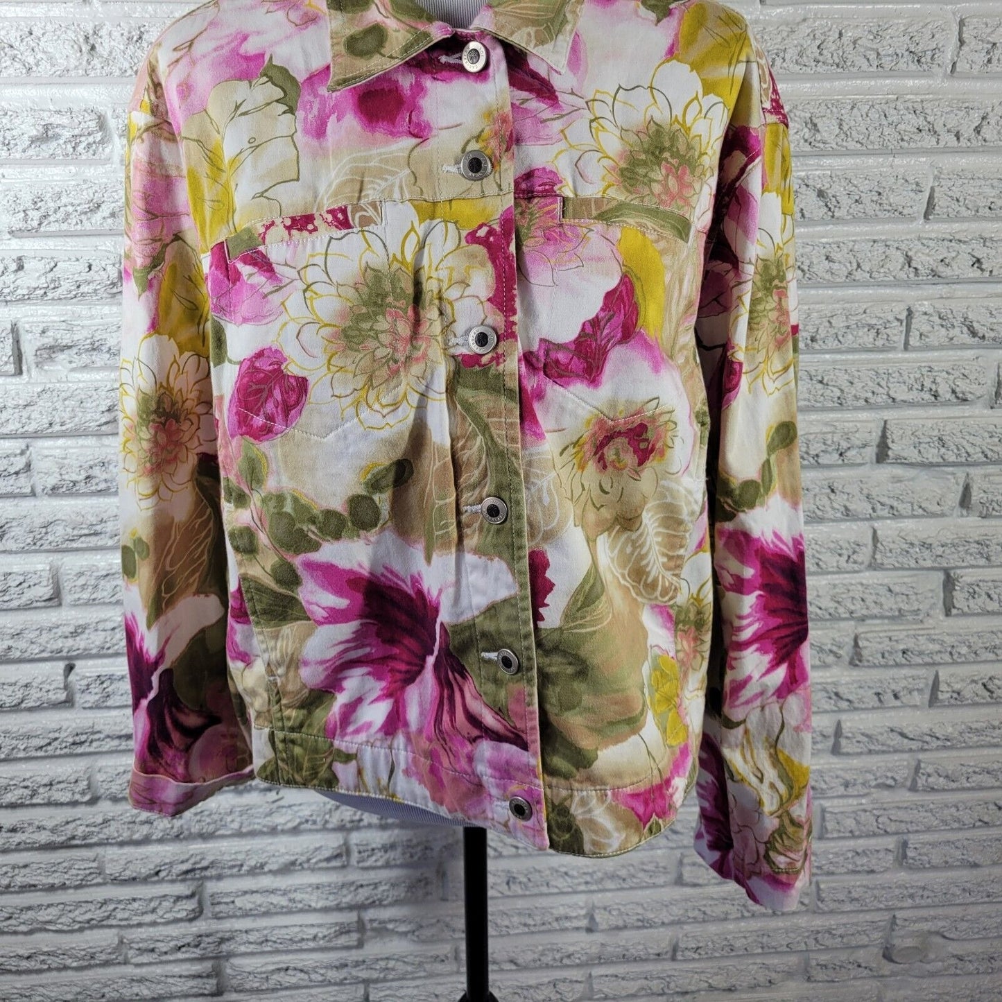 Caribbean Joe Womens Jacket Extra Large XL Blazer Pink Green Floral Cotton Blend