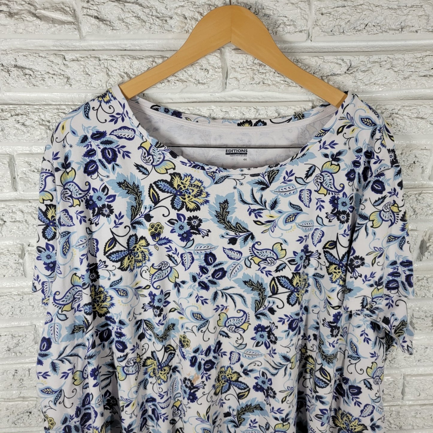 Basic Editions Womens Top 4X Plus Tee Short Sleeve Cotton Blue Yellow Floral