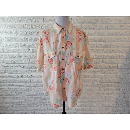 SK Wear Womens Shirt 2X Plus Short Sleeve Button Up Pink Floral Casual Cotton