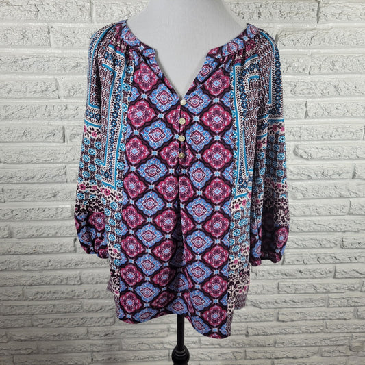 Valerie Stevens Women's XL Top Purple Blue Geometric V-Neck 1/4 Button