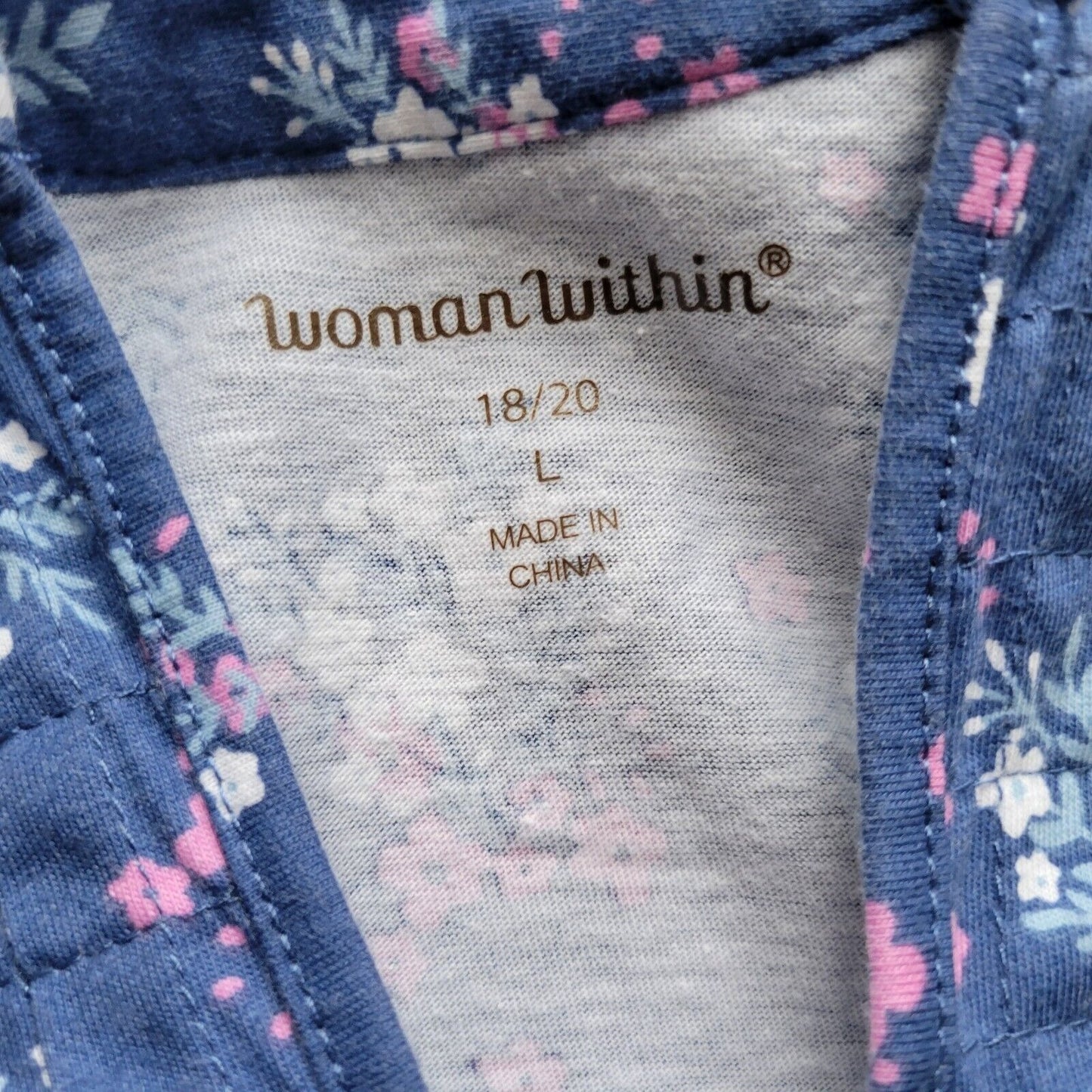 Woman Within Womens Top 18 20 Short Sleeve Blue Pink Floral Pintuck Comfy Casual