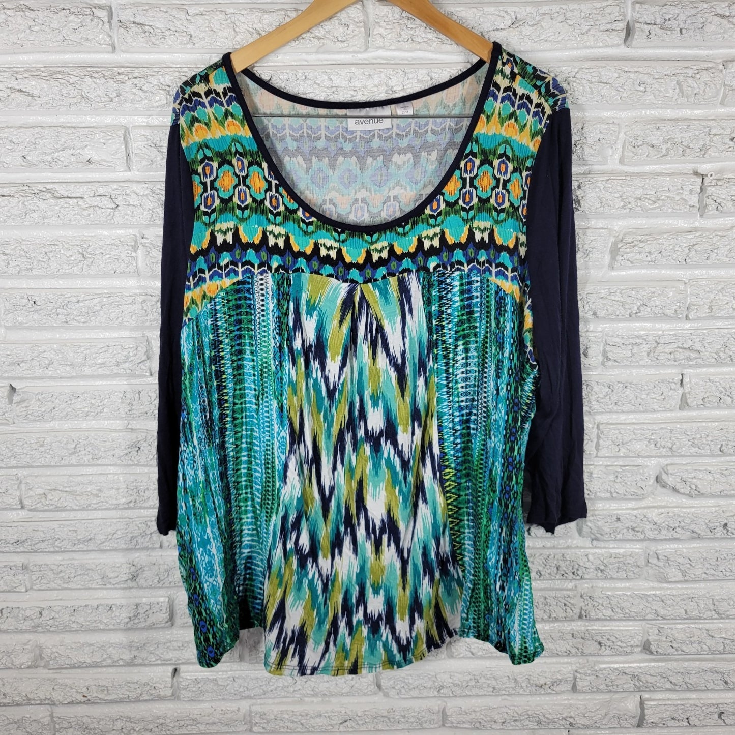 Avenue Womens Top 22 24 Plus 3/4 Sleeve Blue Watercolor Boat Neck Casual Comfy