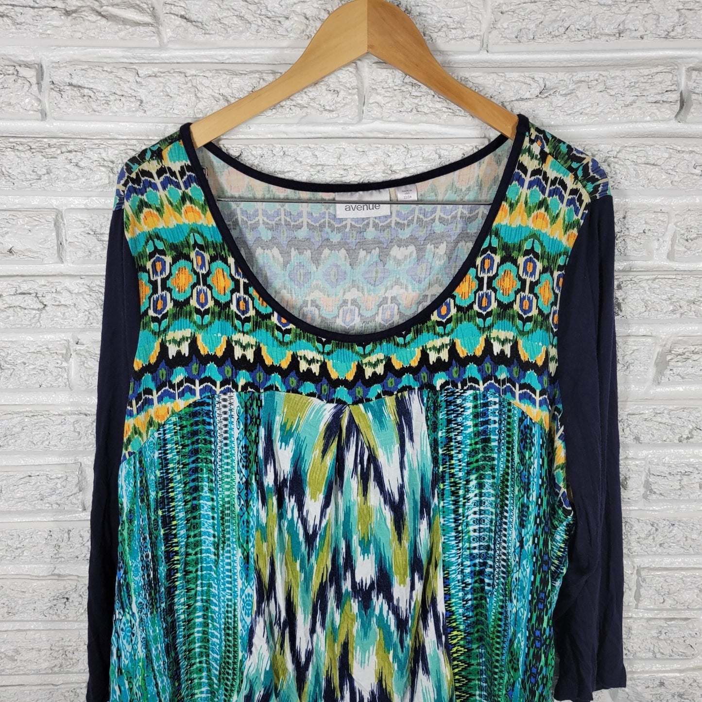 Avenue Womens Top 22 24 Plus 3/4 Sleeve Blue Watercolor Boat Neck Casual Comfy