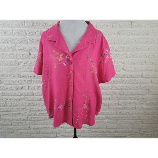 Maggie Barnes Womens Shirt 24P Plus Short Sleeve Linen Silk Collar Button Up Pink