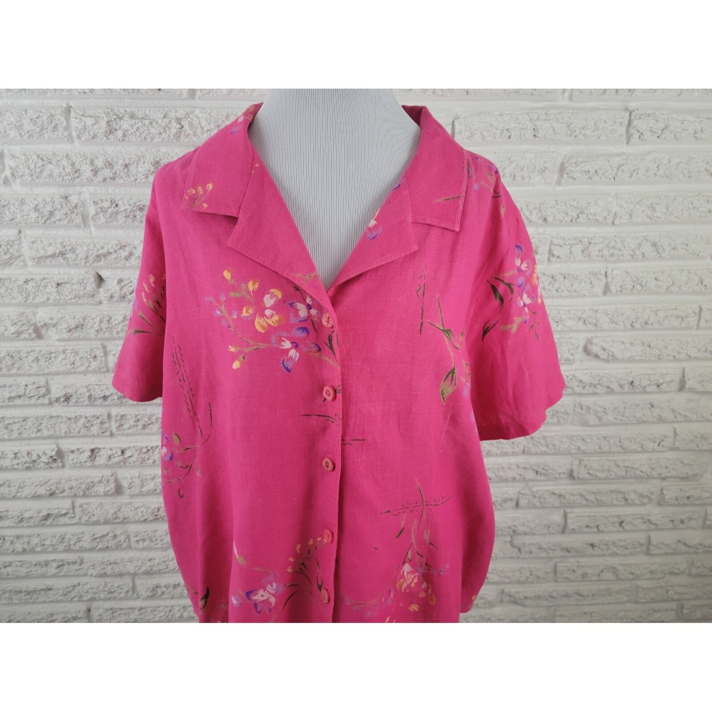 Maggie Barnes Womens Shirt 24P Plus Short Sleeve Linen Silk Collar Button Up Pink