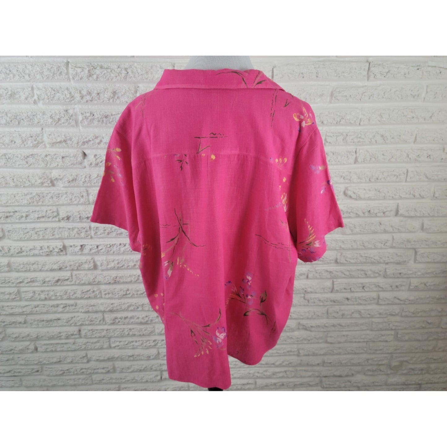 Maggie Barnes Womens Shirt 24P Plus Short Sleeve Linen Silk Collar Button Up Pink