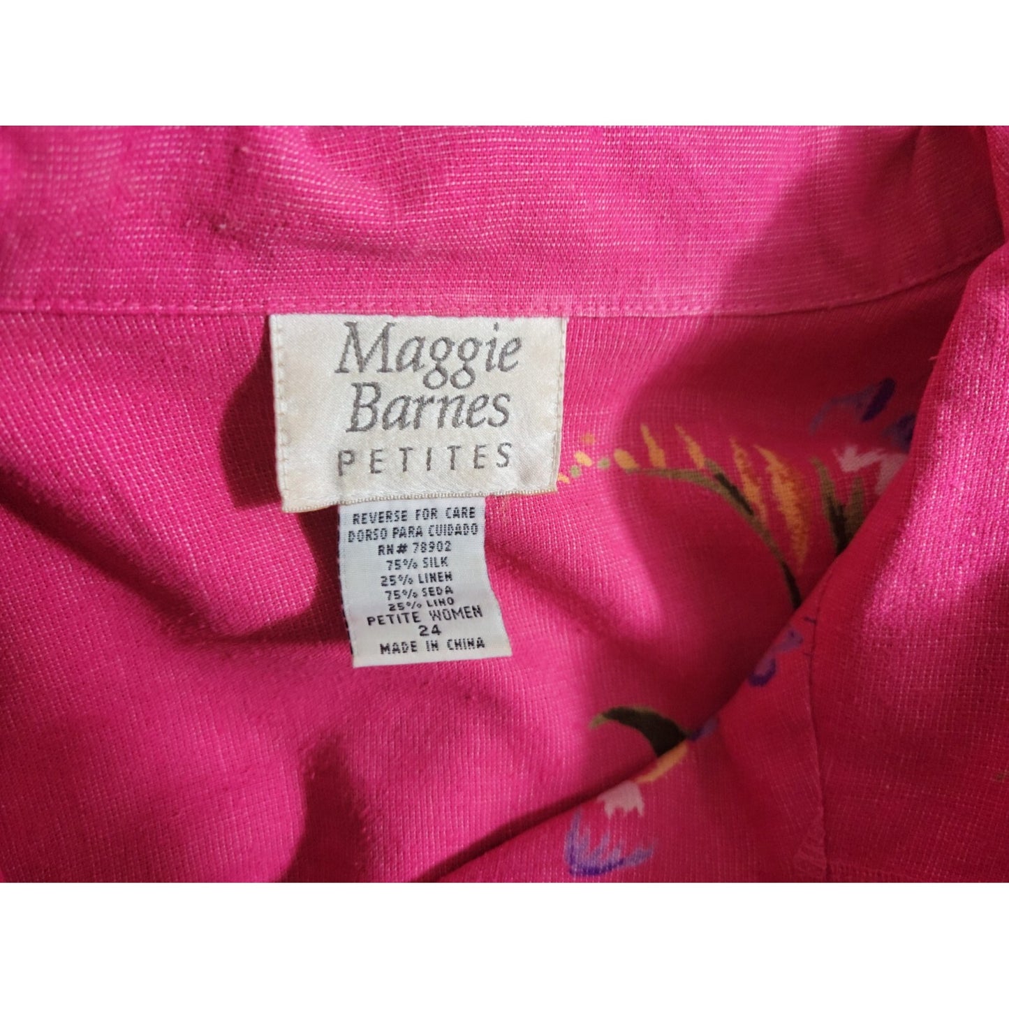 Maggie Barnes Womens Shirt 24P Plus Short Sleeve Linen Silk Collar Button Up Pink